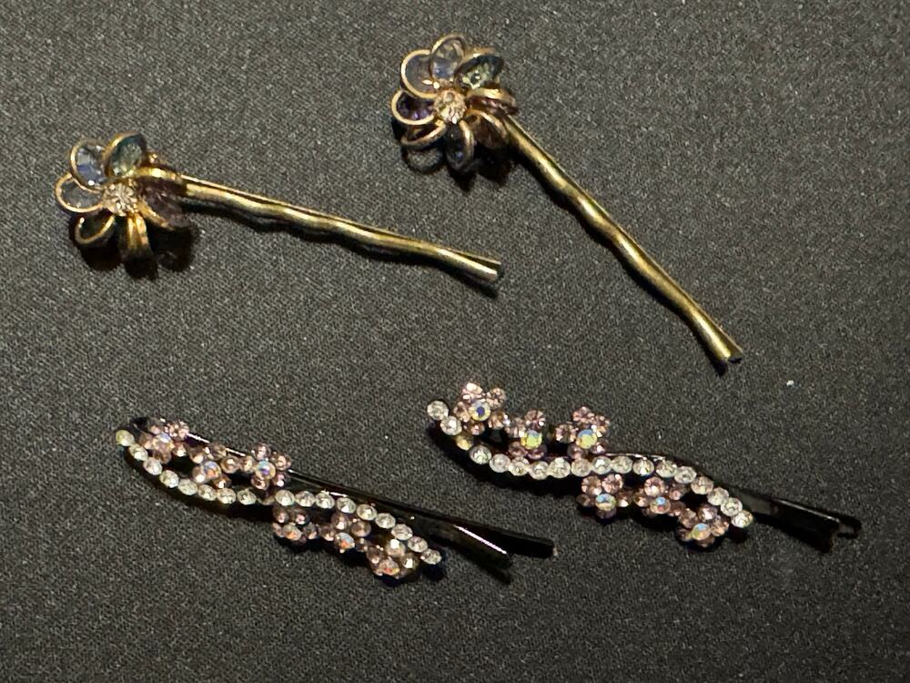 Vintage Bobby Pins. 2 Floral 2 Delicate Clusters of Crystal